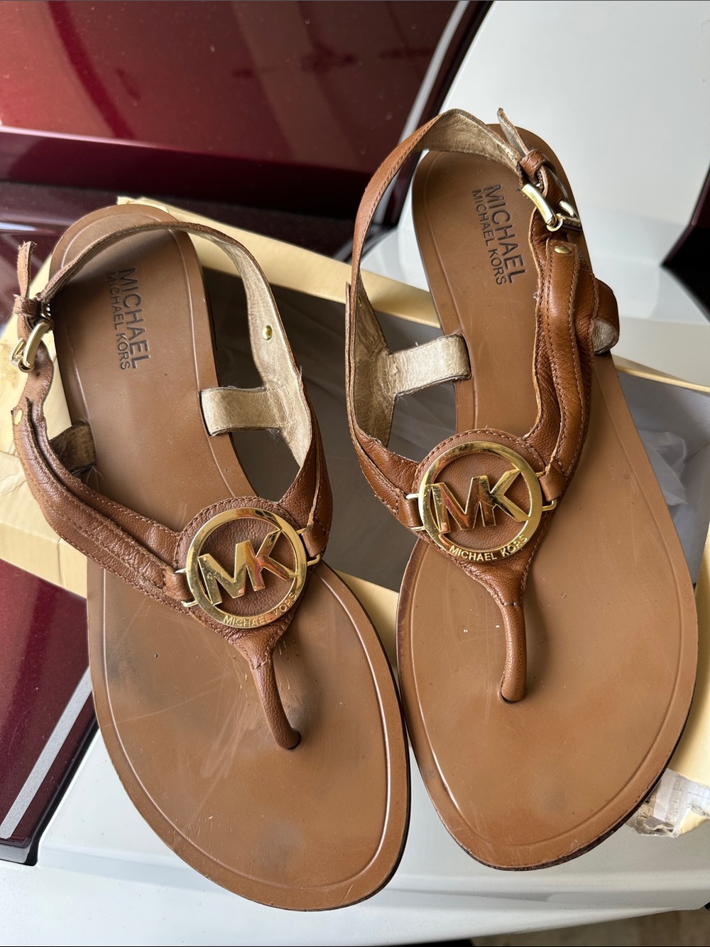 Michael Kors Brown Leather Sandal with Gold MK Emblem